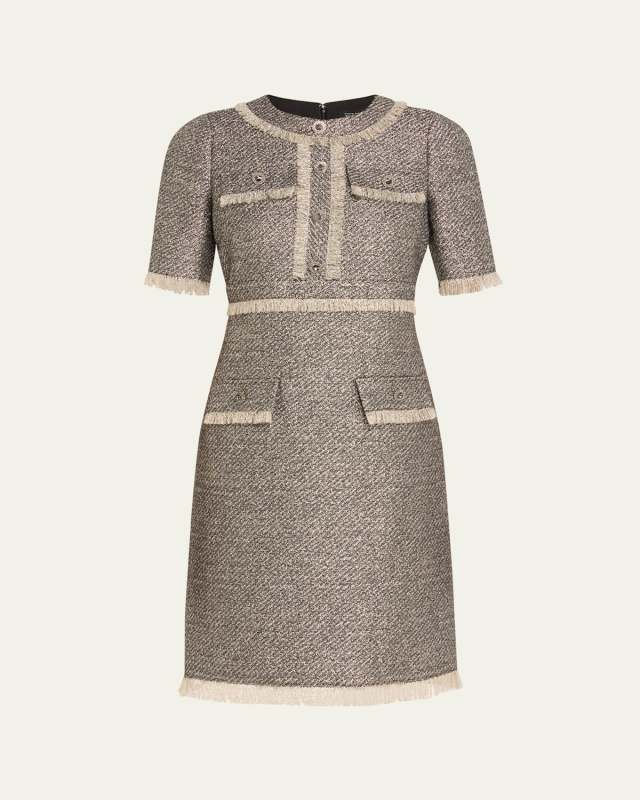 Fringe-Trim Metallic Tweed Dress